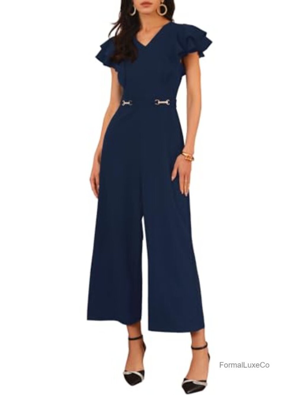 Women's Dressy V Neck Ruffled Sleeve Wide Leg Formal Jumpsuit
